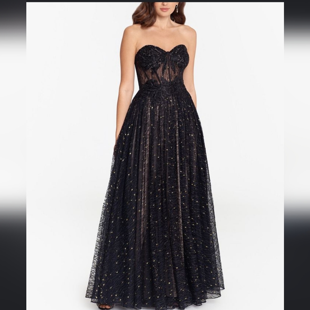 BETSY & ADAM Strapless Lace Bustier Gown Size 8